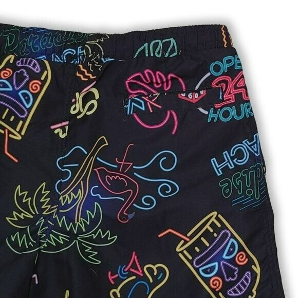 SURF SOCIETY Men's Neon Tiki Bar Printed Beach Shorts Pool Swim Trunks