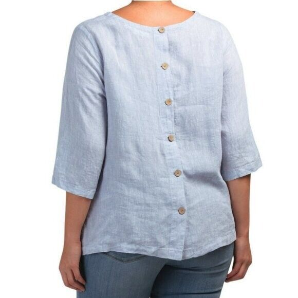 Nicole Miller Plus Back Button Side Slits Linen Blouse Tunic Top
