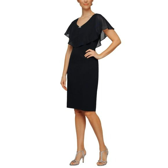 SL Fashions Women's Plus V-neck With Popover Sheer Details Sheath Mini Dress