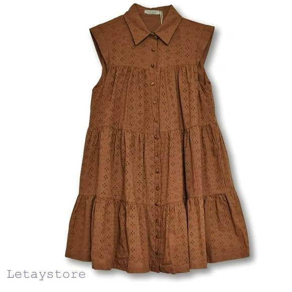 Mon Renn Florence Floral Embordered Tiered Flare Button Down Mini Dress