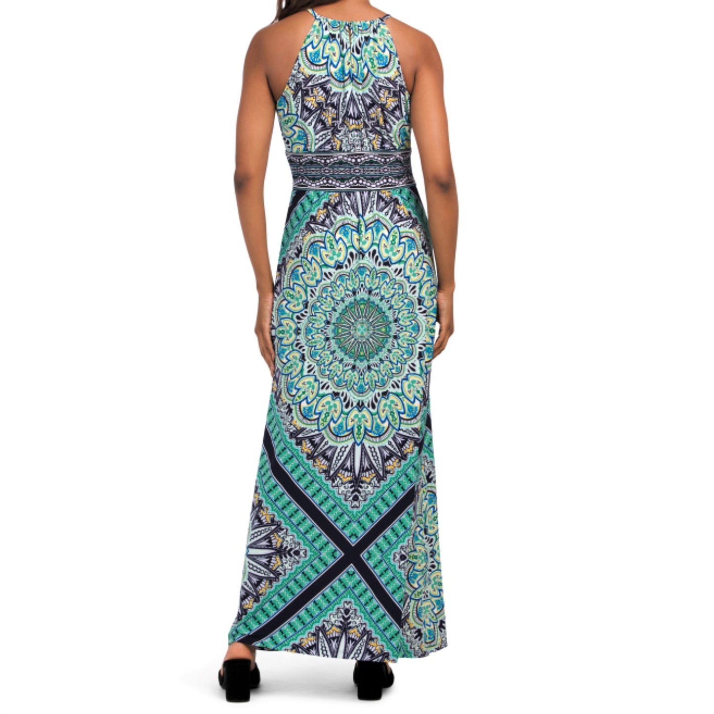 London Times Starburst Medallion Print Keyhole Halter Morris Maxi Dress