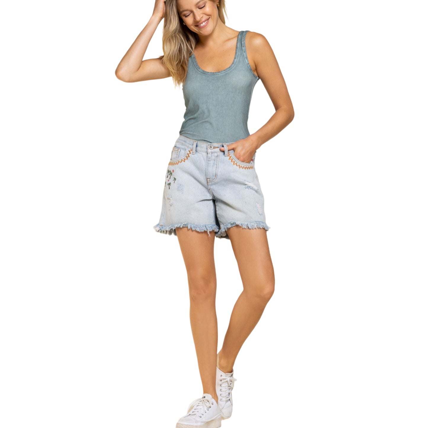 POL High Rise Embroidered Distressed Fringed Raw Hem Denim Shorts