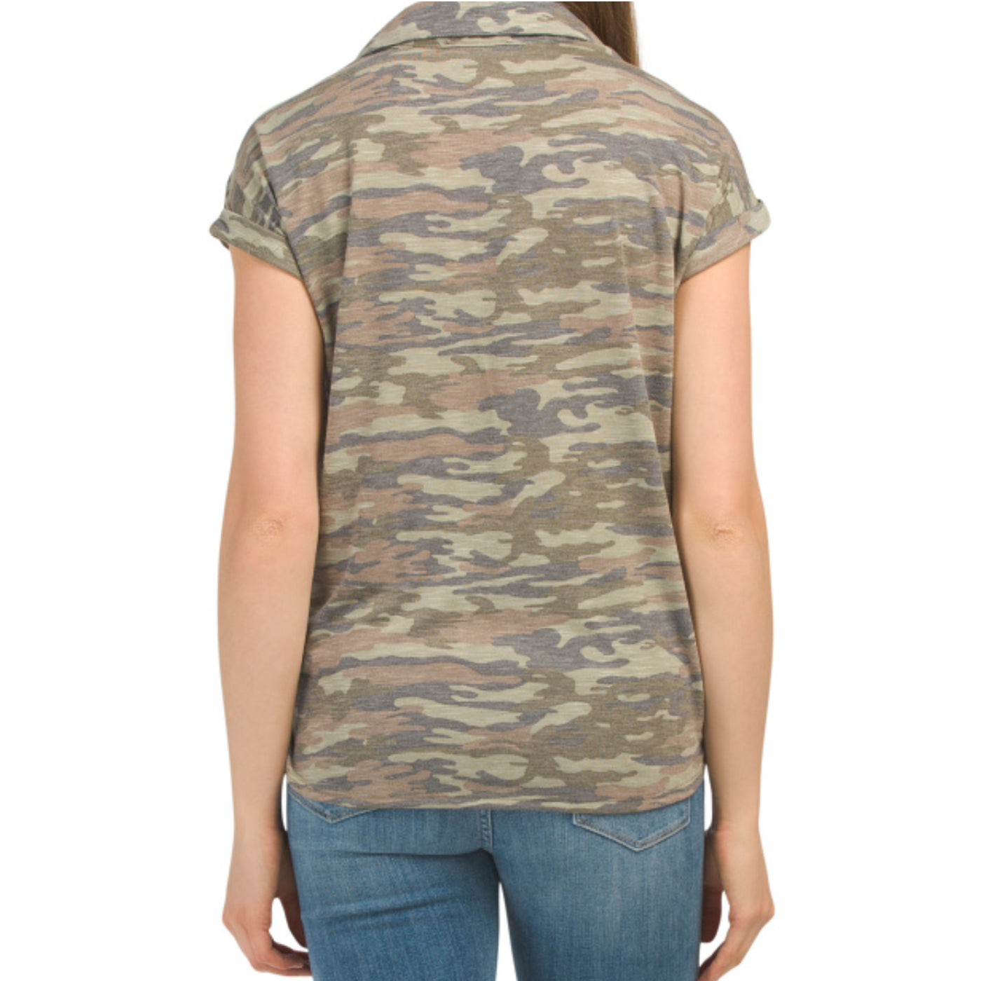 ALISON ANDREWS Camo Collared Button Down Tie Waist Top