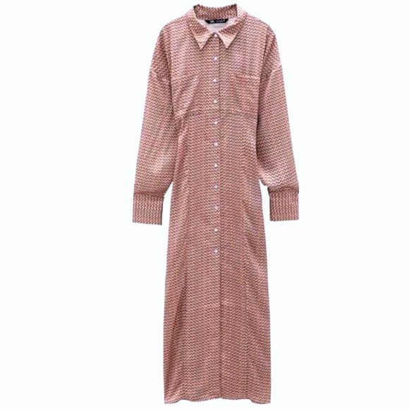 Zara Floral Print Silky Texture Long Sleeve Button Front Shirt Maxi Dress