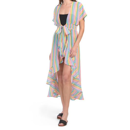 America & Beyond Rainbow Hi-lo Hem Ruffle Trim Cover-up Dress