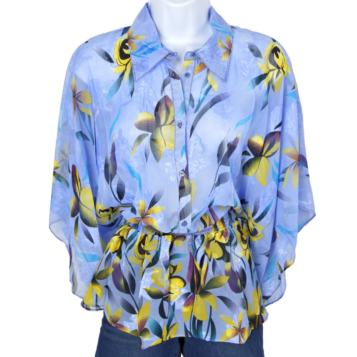 Vertigo Women's Floral Print Smocked Waist Kimono Sleeve Button Front Chiffon Blouse