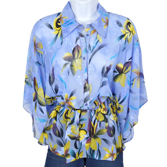 Vertigo Women's Floral Print Smocked Waist Kimono Sleeve Button Front Chiffon Blouse