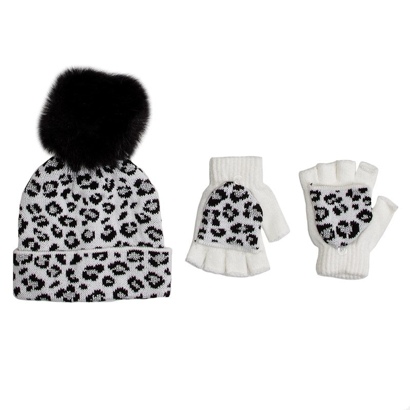 Love2Design Girls Age (4-6) Cheetah Print Knit Faux Fur Pom Hat with Flip Top Gloves Set