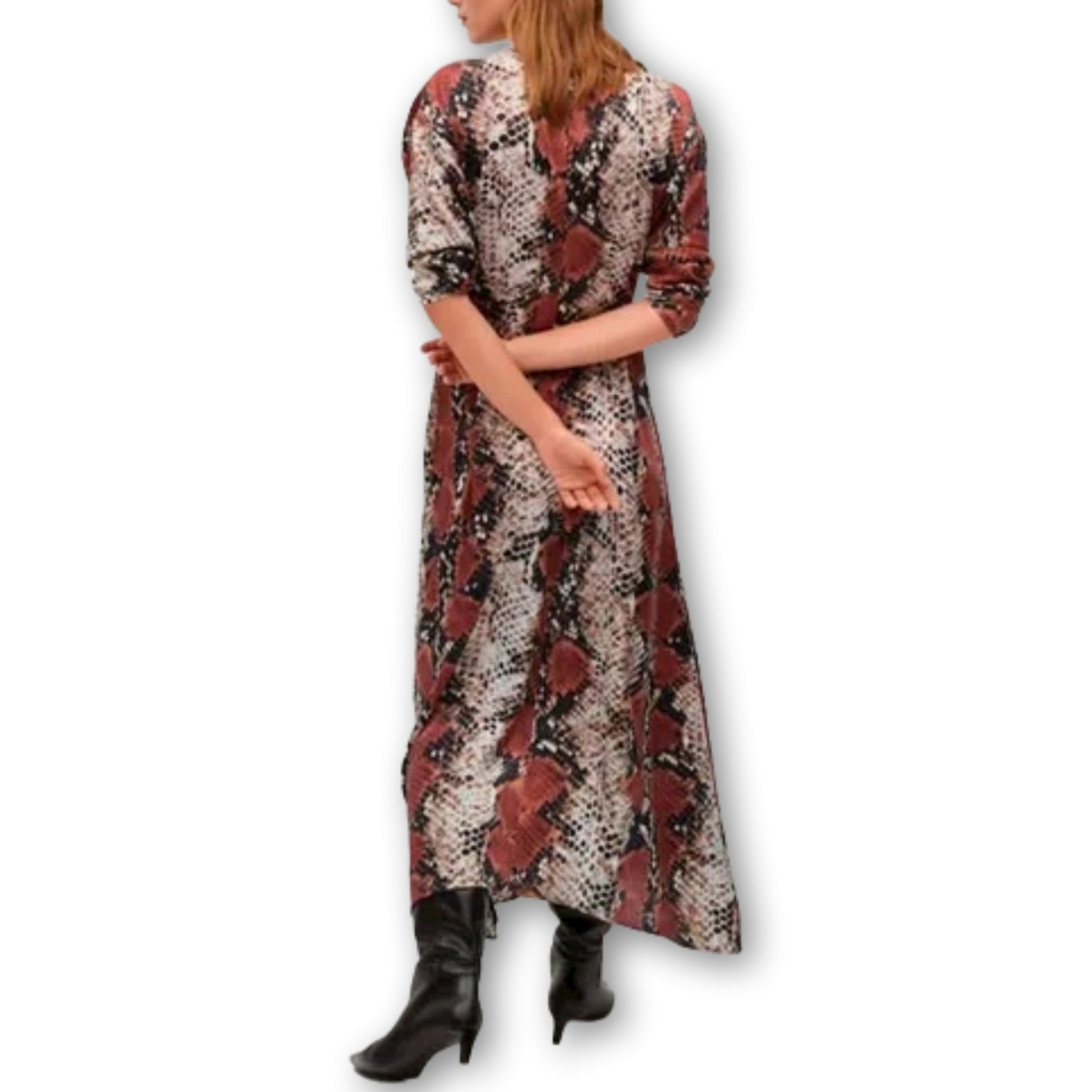 Mango Women's Snake Print Long Sleeve V Neck Button Front Maxi Shirt Dress