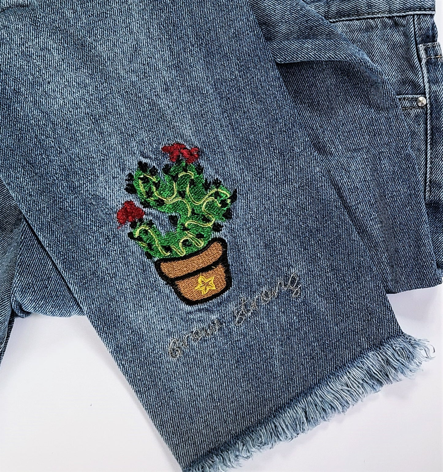 POL Distressed Raw Hem with Cactus Embroidery Denim Jeans