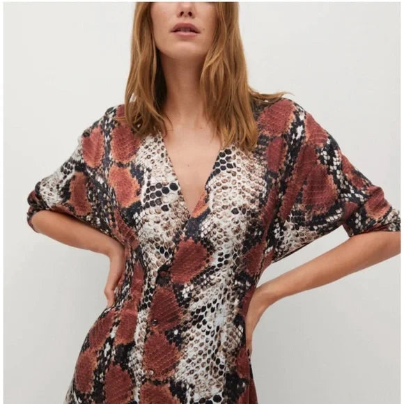 Mango Women's Snake Print Long Sleeve V Neck Button Front Maxi Shirt Dress