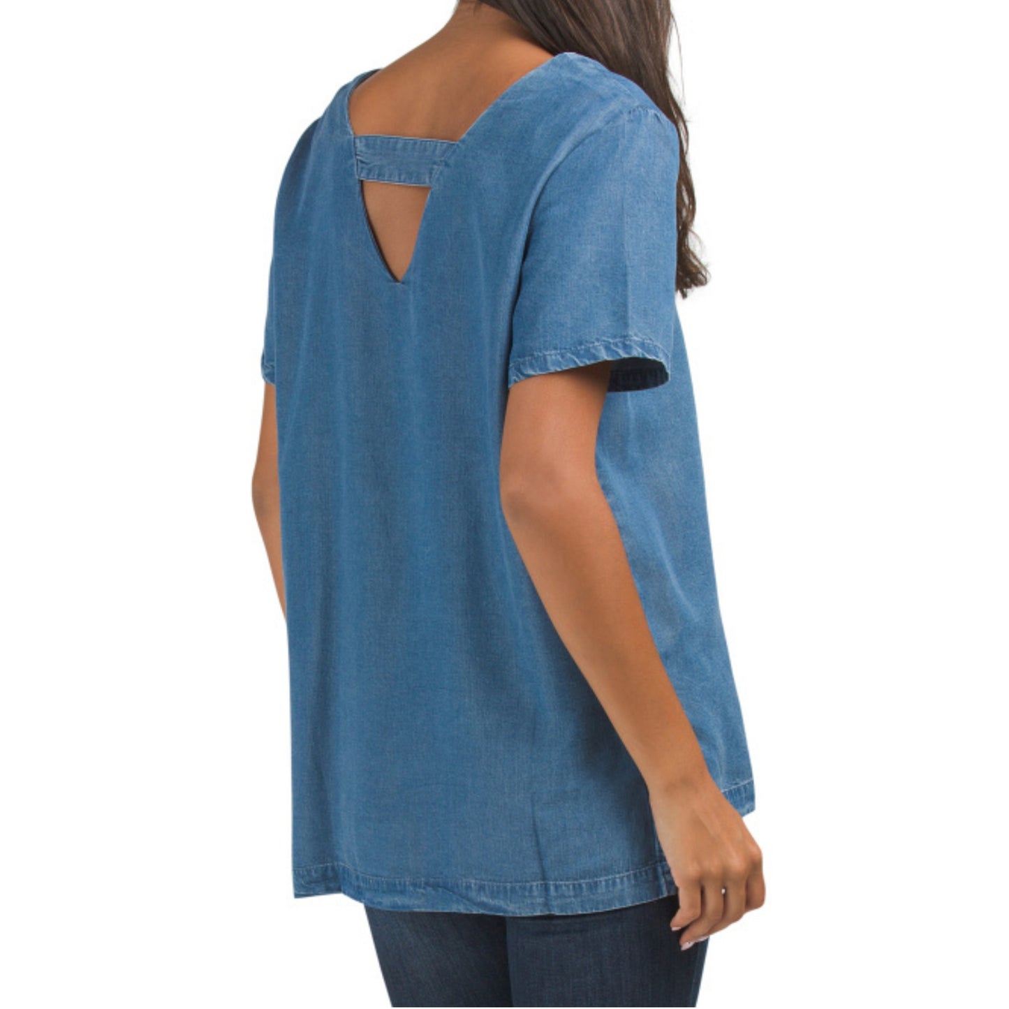 ELLEN TRACY Women's Denim Back Strap Relaxed Fit Tencel Tunic Top