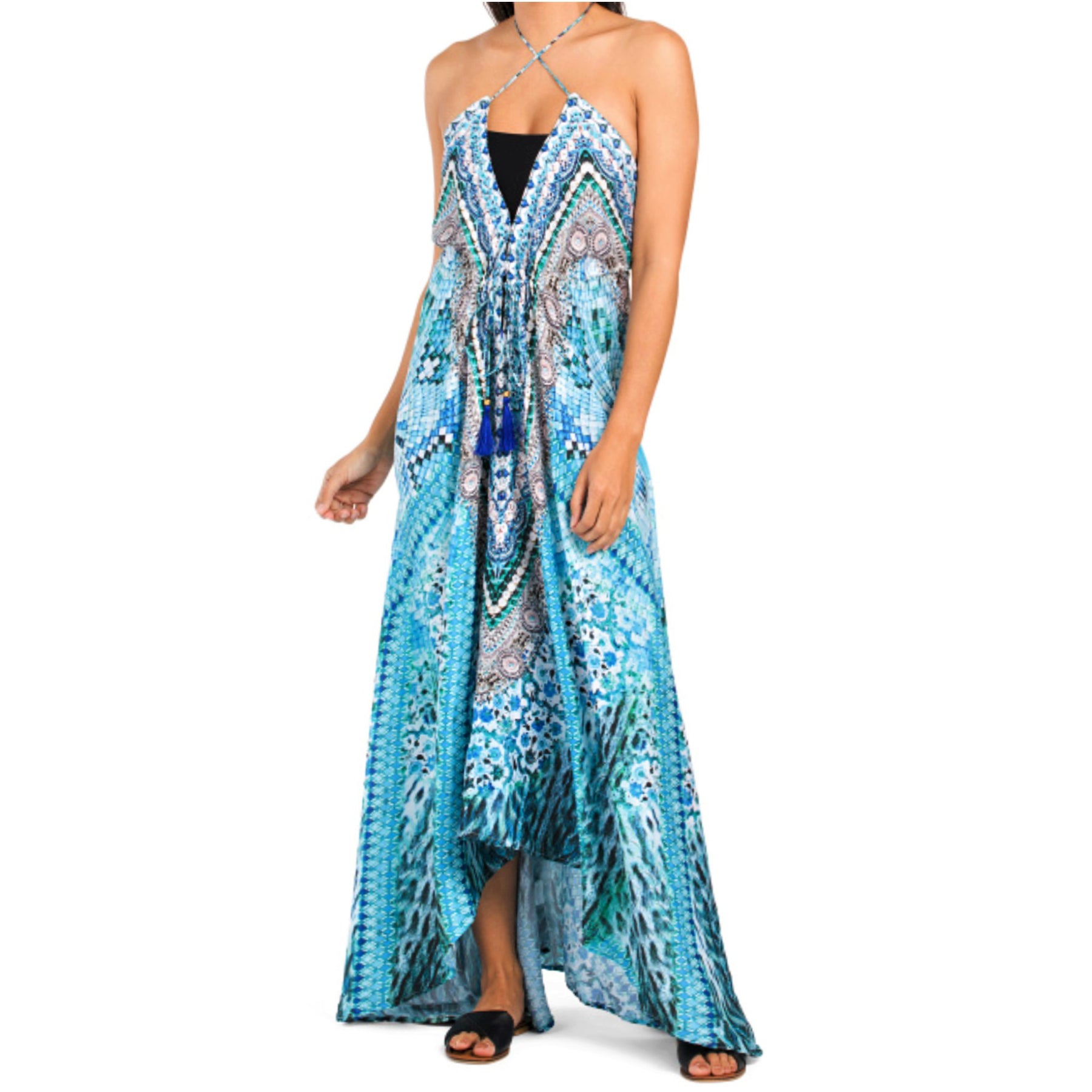 La Moda Boho Bead Embellished Watercolor Hi-low Beach Cover-up Maxi Dress Blue / L/Xl La Moda Boho Bead Embellished Watercolor Hi-low Beach Cover-up Maxi Dress Blue / L/Xl