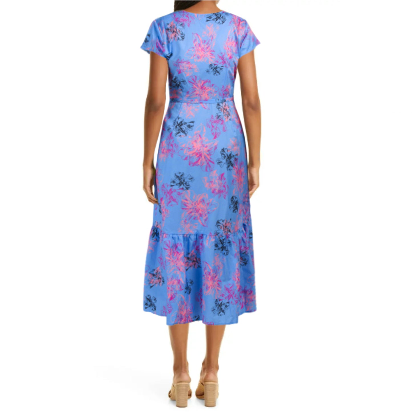 NEIMAN MARCUS Women's Floral Print Ruffle Hi-Low Hem Cotton Wrap Midi Dress