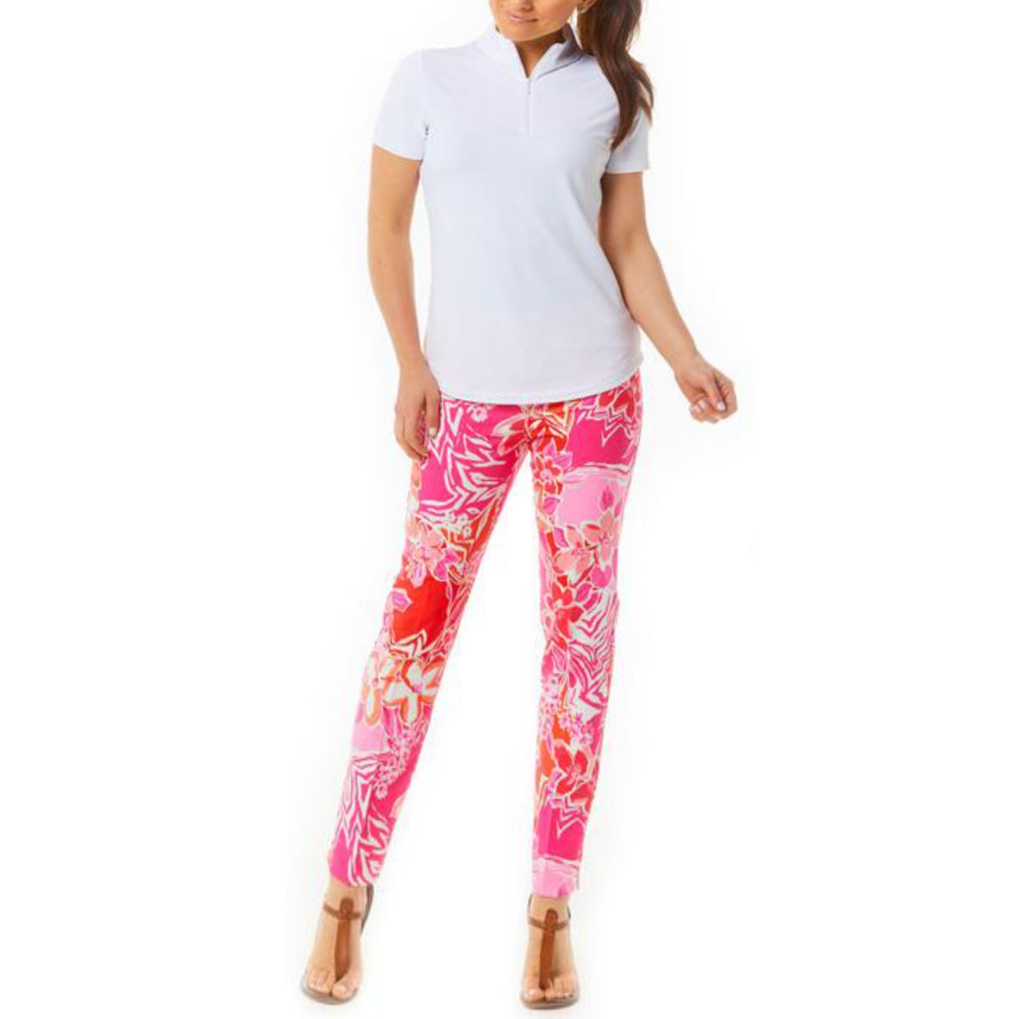 IBKUL Women's Pascha Floral Print Stretch Tummy Control UPF 50+ Ankle Pants