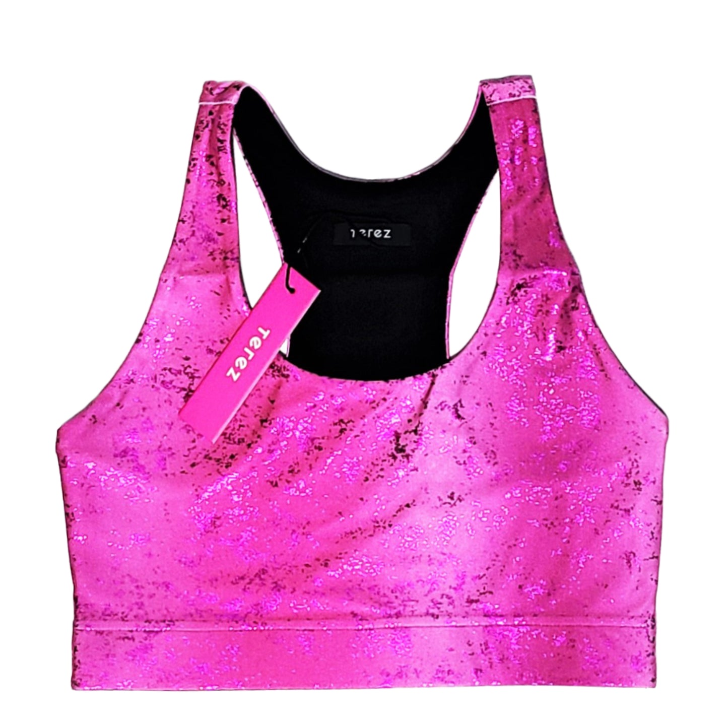 TEREZ Women's Balayage Foil Print Metallic Shimmer Racerback Bra Top