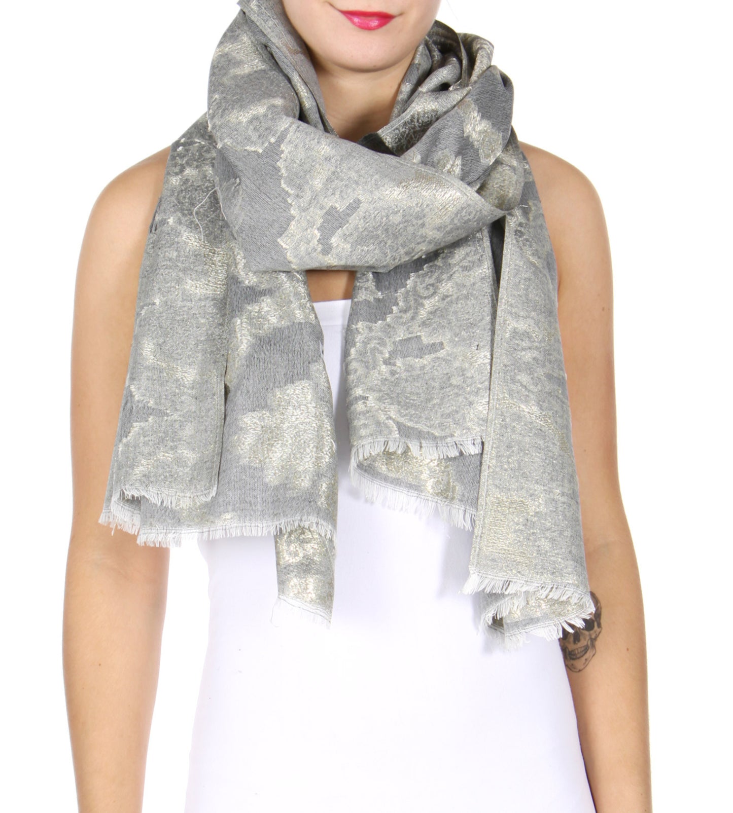 Pashmina Frayed Metallic Floral Print Shawl Evening Wrap