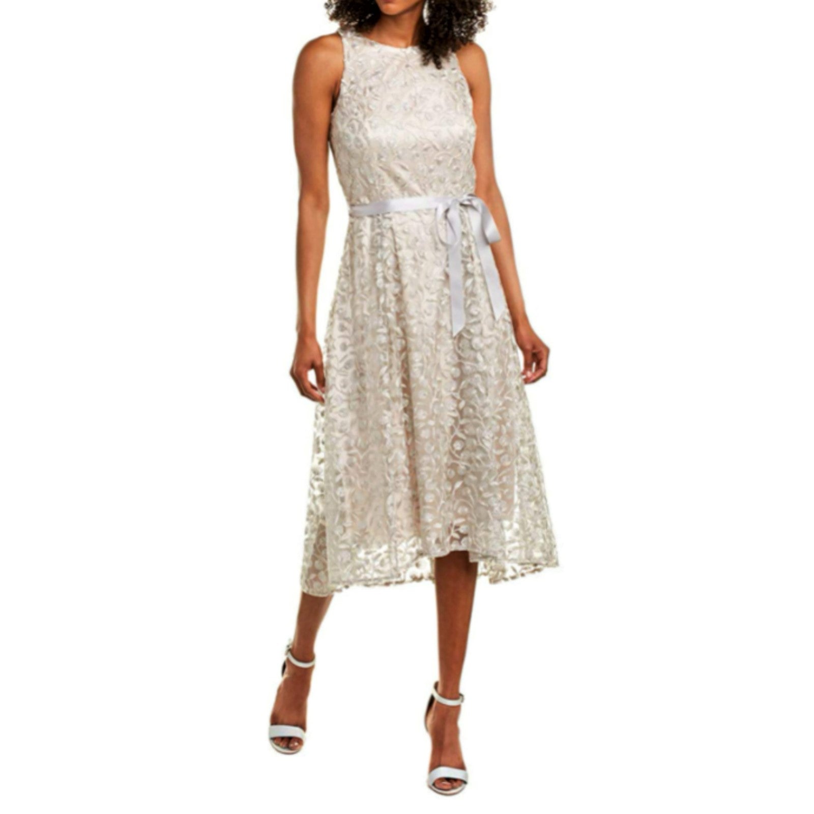 Tahari ASL Petite Size Embroidered Lace Sleeveless Hi-Low Midi Mother of the Bride Dress, Womens, 8P, Taupe Silver Tahari ASL Petite Size Embroidered Lace Sleeveless Hi-Low Midi Mother of the Bride Dress, Womens, 8P, Taupe Silver