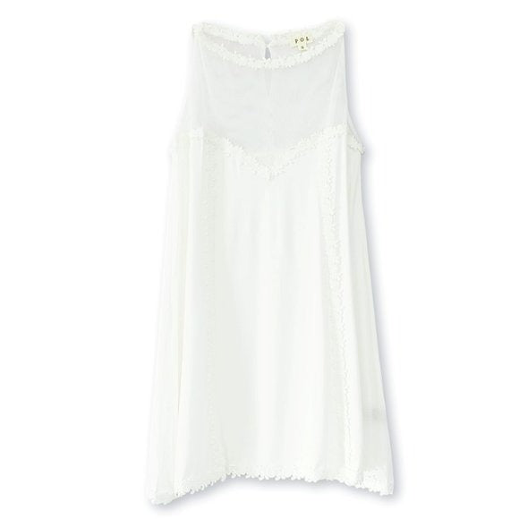 POL Boho Mesh Yoke Crochet Lace Trim Hi-Low Hem Mini Dress