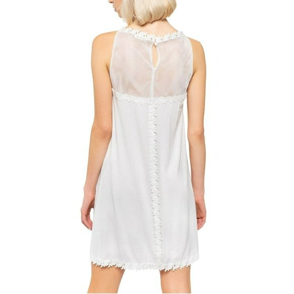 POL Boho Mesh Yoke Crochet Lace Trim Hi-Low Hem Mini Dress
