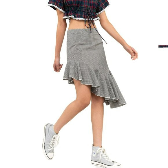 POL Asymmetrical Ruffle Hem Gingham Cotton Mini Skirt