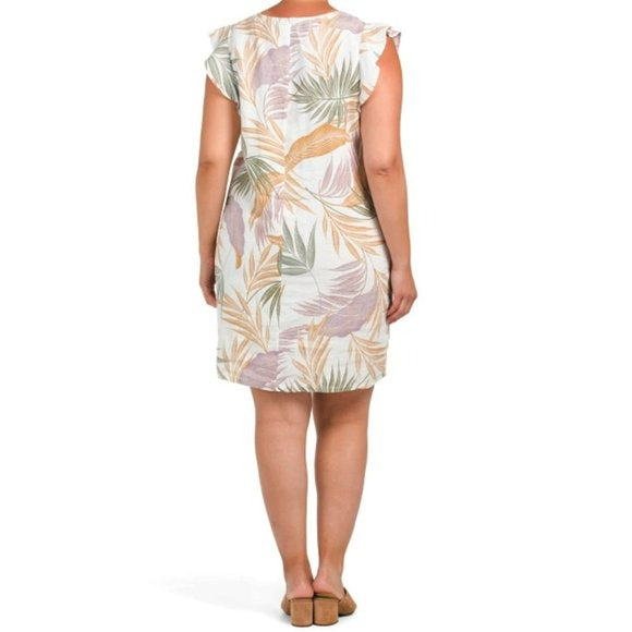 Tahari Plus Tropical Floral Print Linen Flutter Sleeve Shift Mini Dress