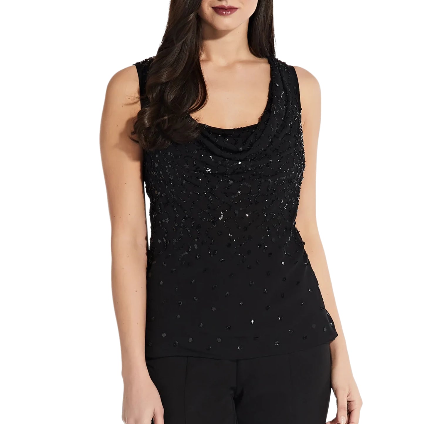 ADRIANNA PAPELL Women's Beaded Sequin Cowl Neck Top Party Blouse