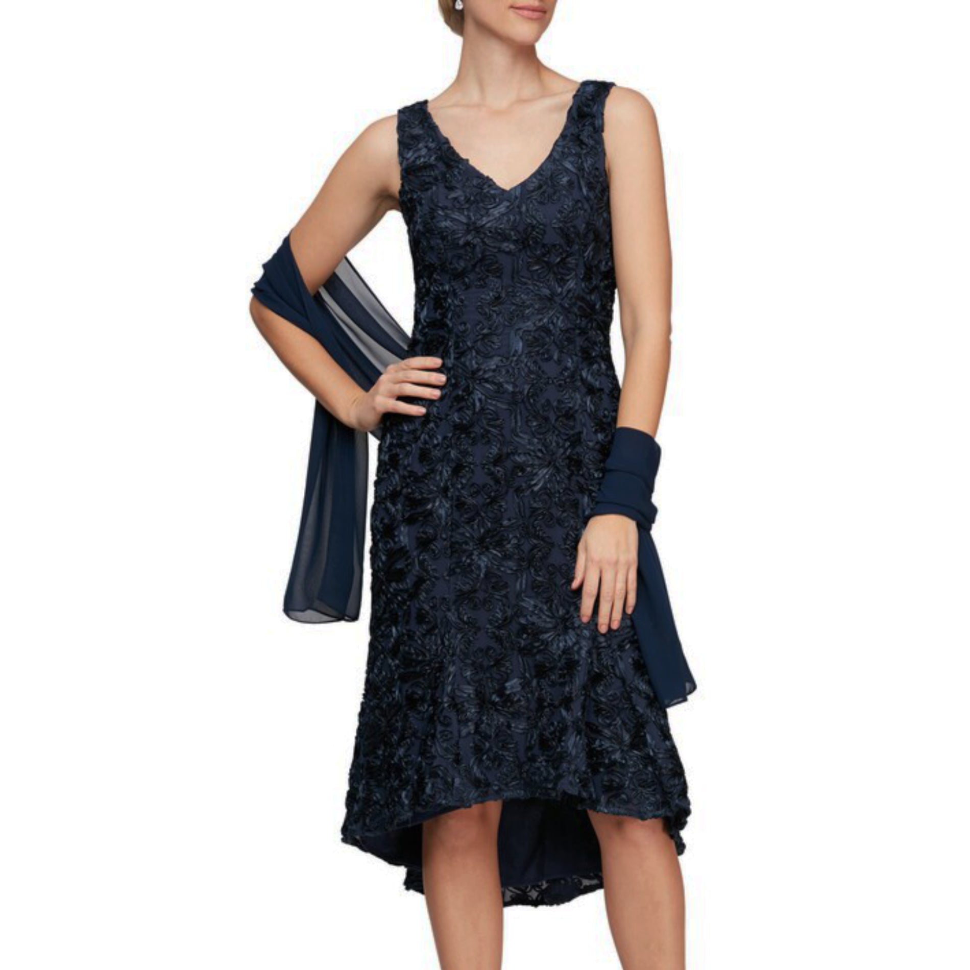 Alex Evening Women's Soutache Embroidered Lace Hi-Low Hem Flounce Midi Dress Blue / 10 Alex Evening Women's Soutache Embroidered Lace Hi-Low Hem Flounce Midi Dress Blue / 10