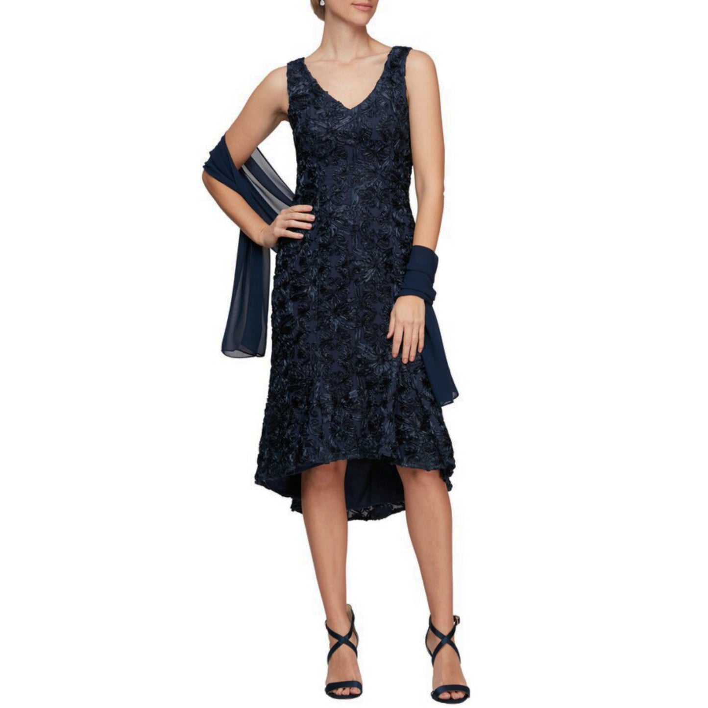 Alex Evening Women's Soutache Embroidered Lace Hi-Low Hem Flounce Midi Dress