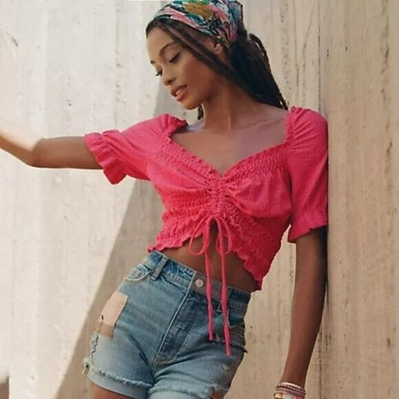 Anthropologie Pilcro V-Neck Ruffle Puff Sleeve Cinched Waist Blouse Top