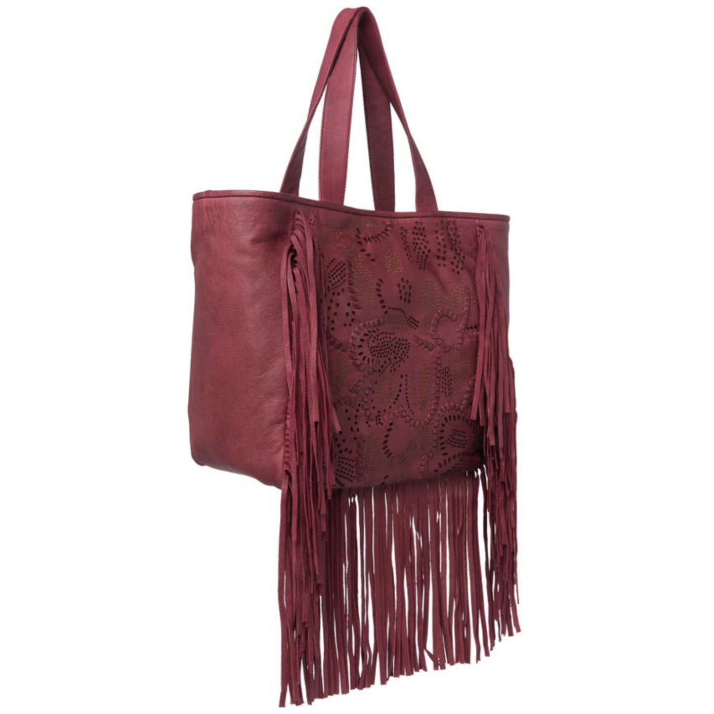 FRYE Vivian Leather Large Boho Perforated and Whipstitched Fringe Tote Bag