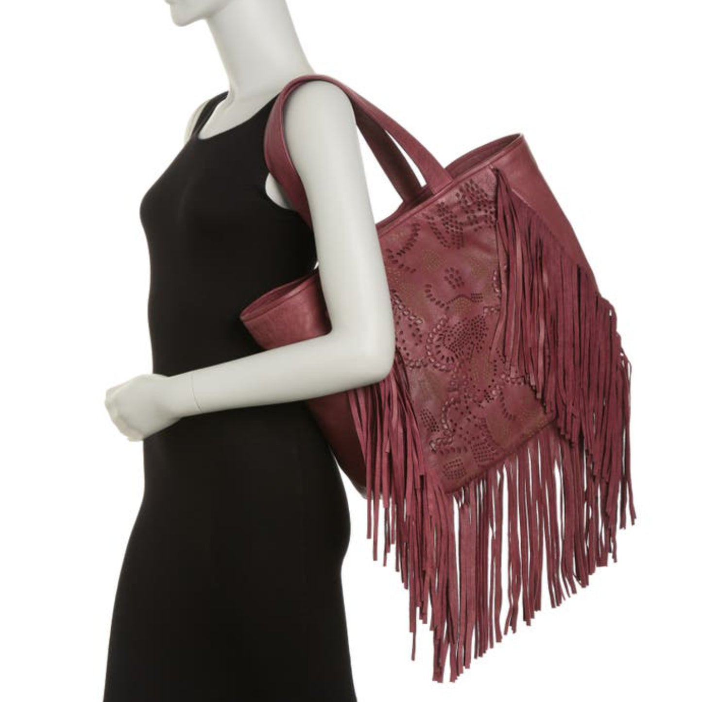 FRYE Vivian Leather Large Boho Perforated and Whipstitched Fringe Tote Bag