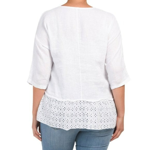 Francesca Bettini Plus Made In Italy Linen Eyelet Drop Hem Tunic Top