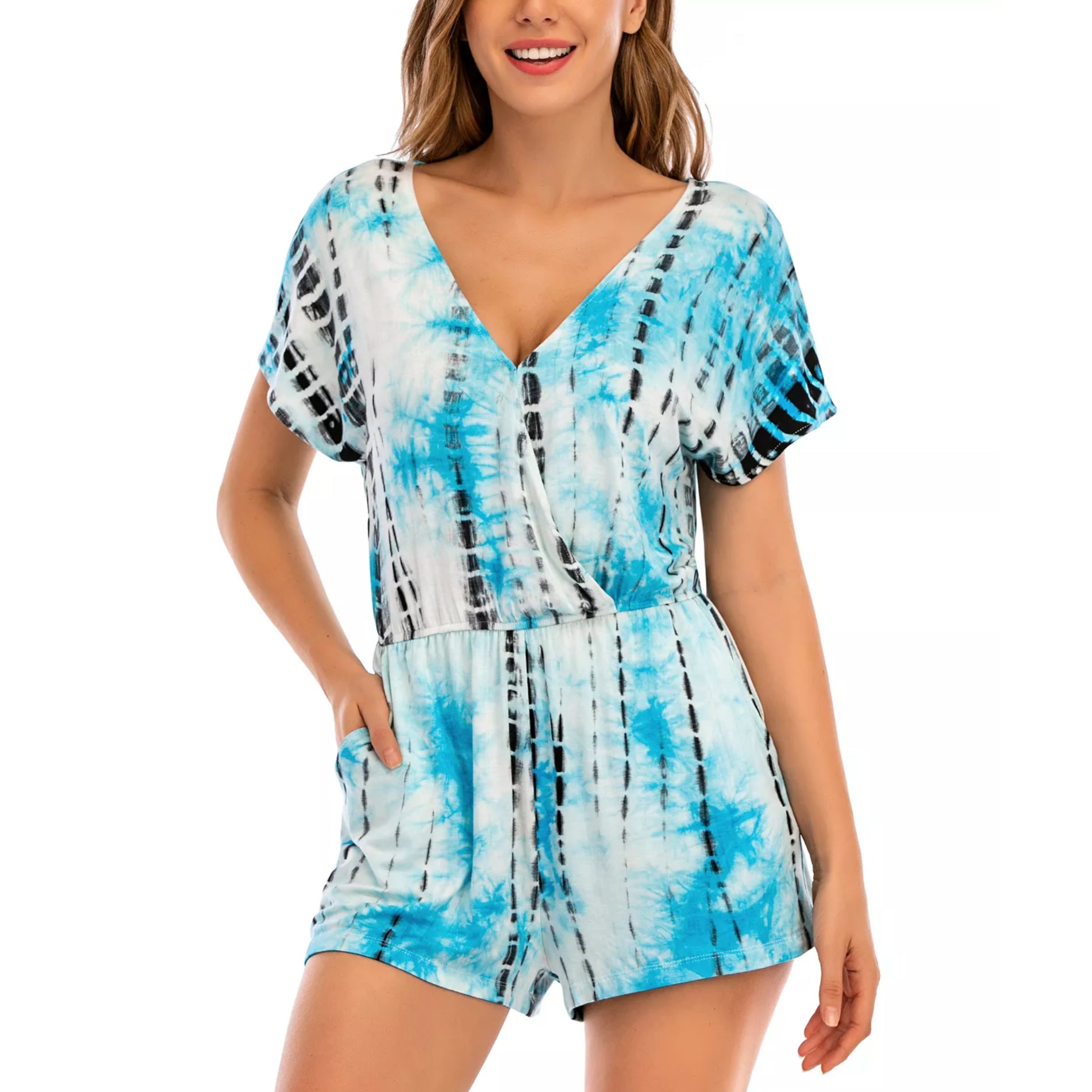 Lucky Brand Women's Tie Dye Wrap Front Side Pockets Romper Swim Cover-up