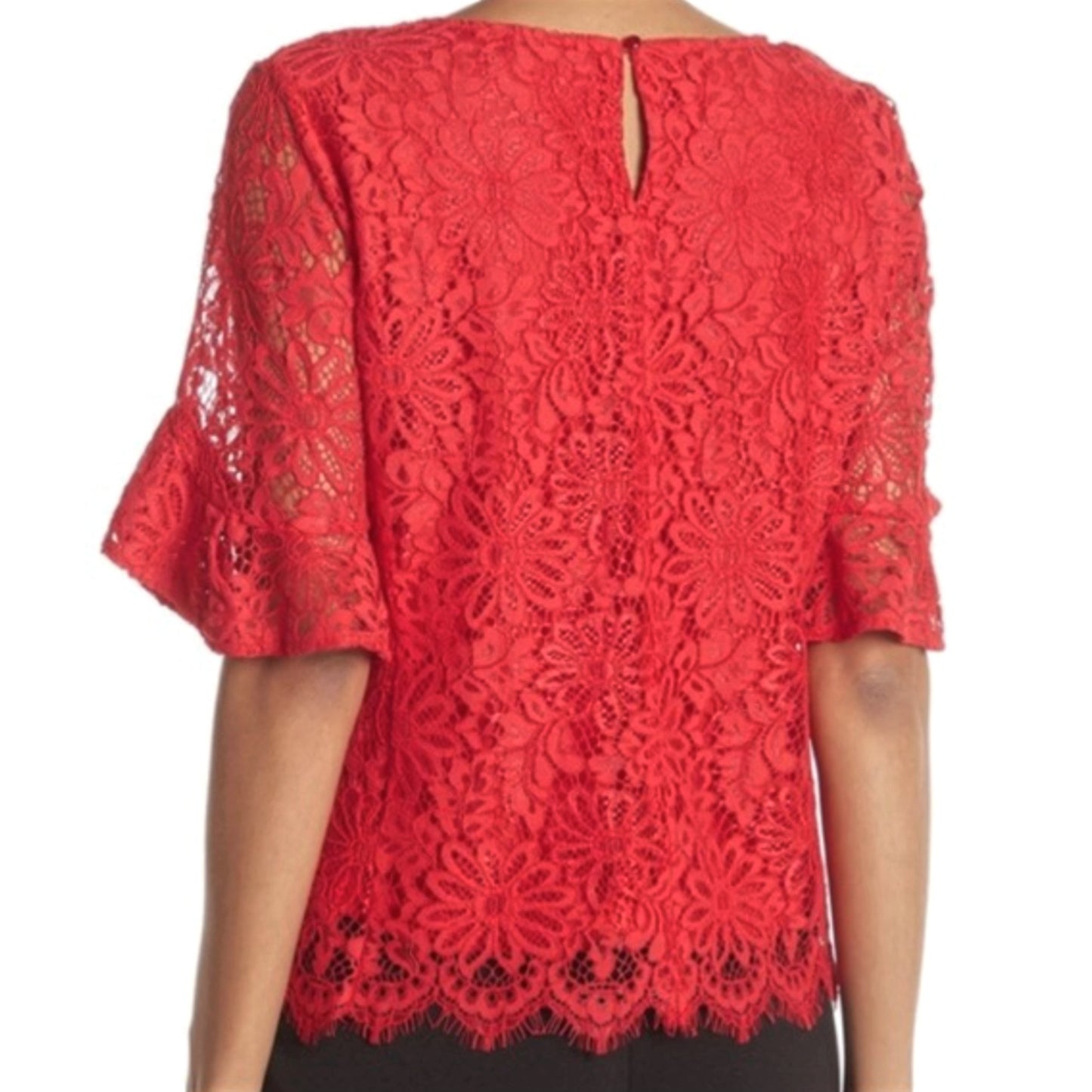 Nanette Lepore Women's Elbow Ruffle Sleeves Scallop Trim Hem Lace Blouse Top