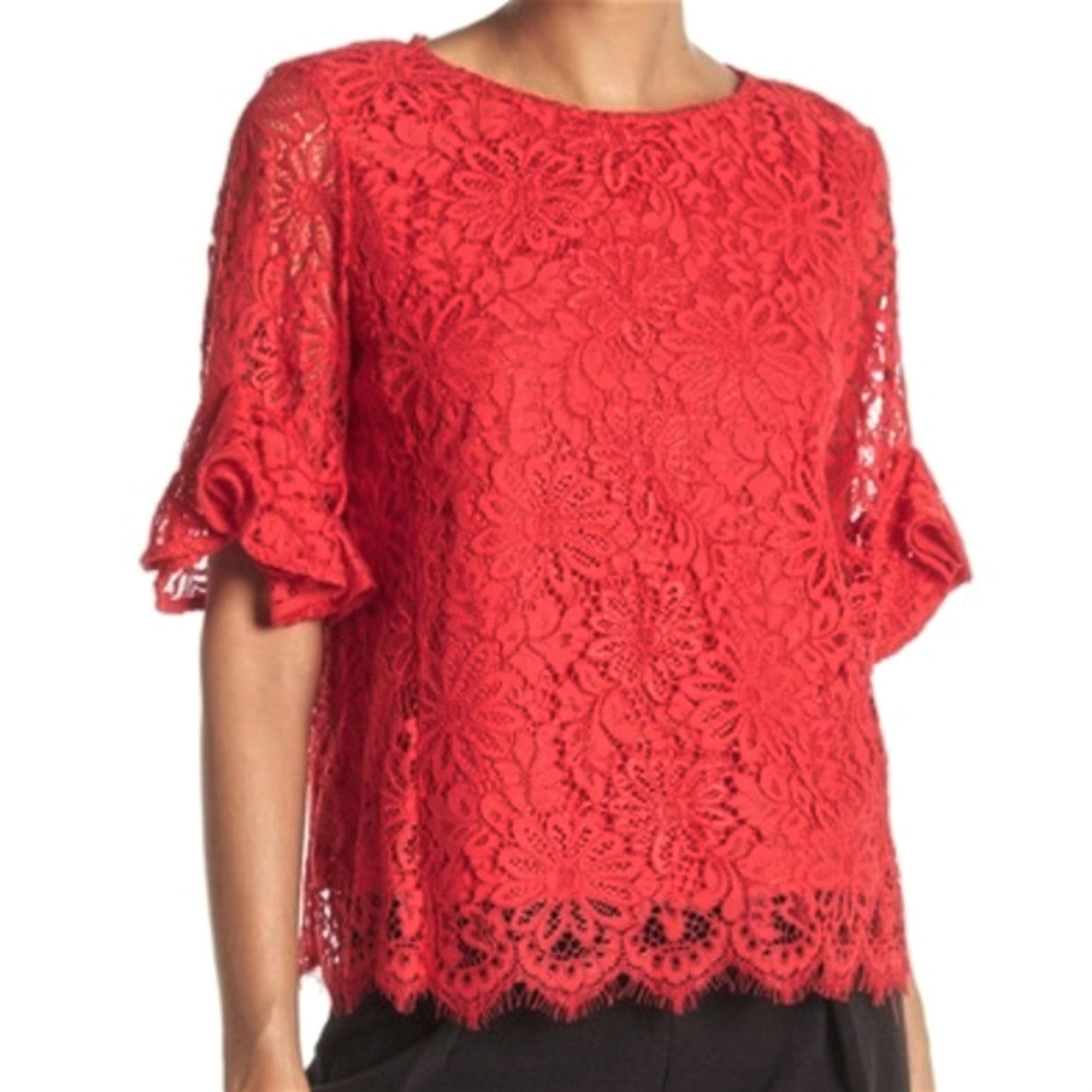Nanette Lepore Women's Elbow Ruffle Sleeves Scallop Trim Hem Lace Blouse Top