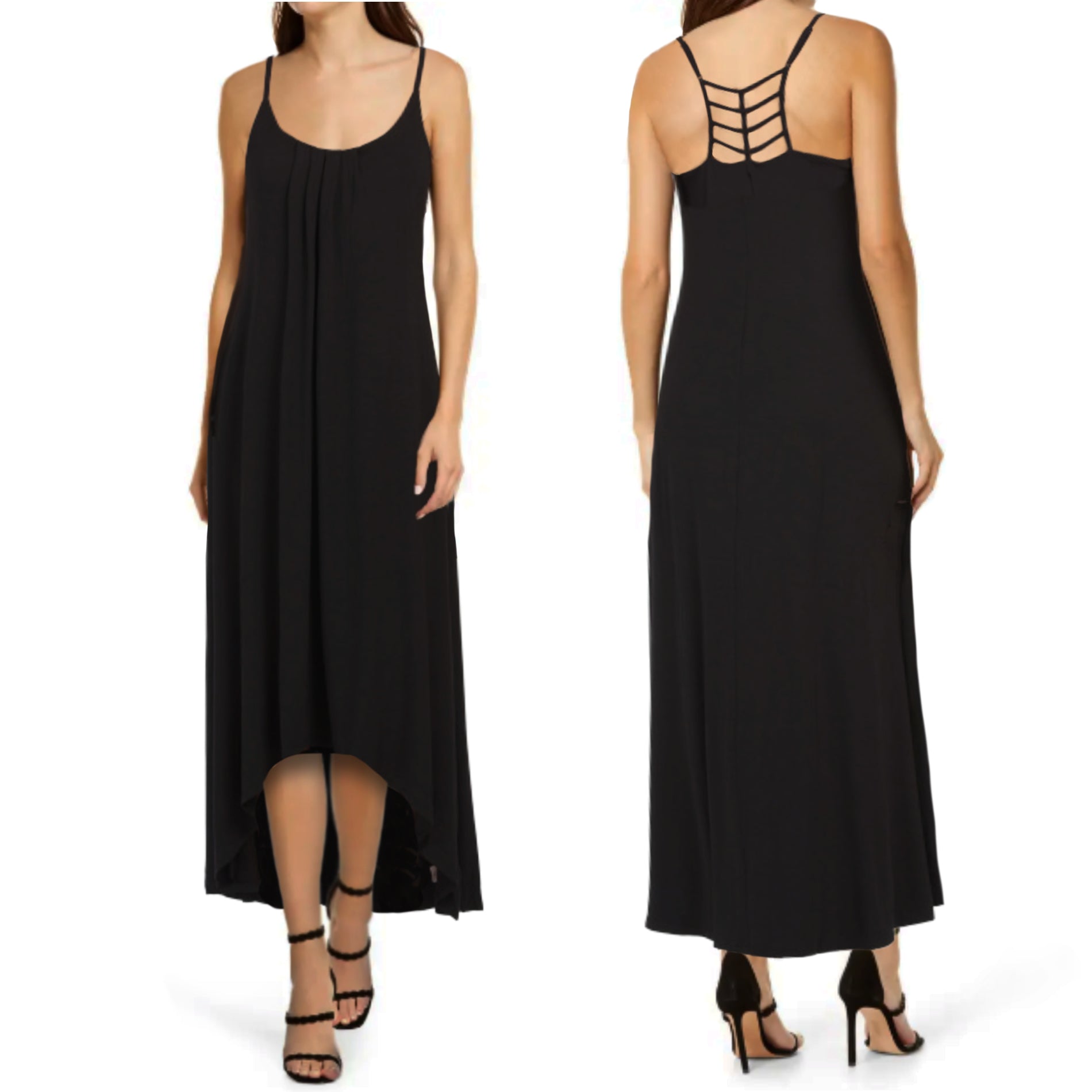 Nicole Miller High Low Hem Lightweight Strappy Ladder Back Maxi Dress Black / M Nicole Miller High Low Hem Lightweight Strappy Ladder Back Maxi Dress Black / M