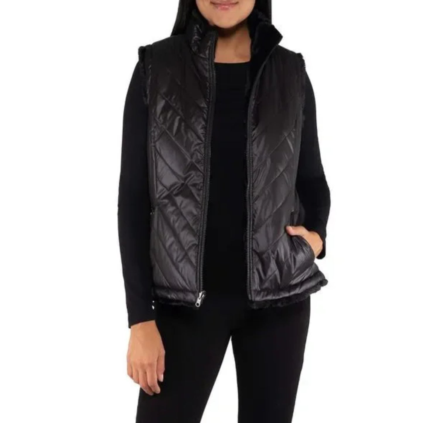 Nicole Miller Women's Plus Reversible Cozy Quilted Faux Fur Insulated Puffer Vest