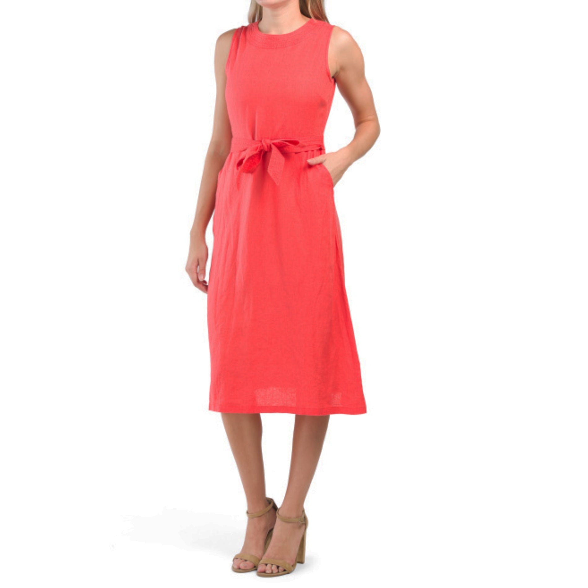 Nicole Miller Women's Linen V-Back Tie Waist Fit & Flare Midi Dress Red / 10