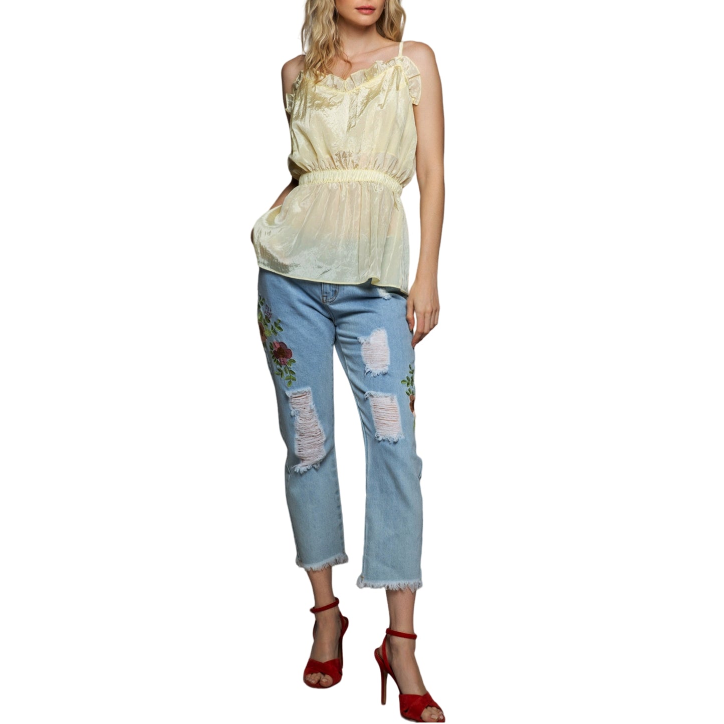 POL Baby Ruffle Spaghetti Strap Urban City Peplum Top Camisole