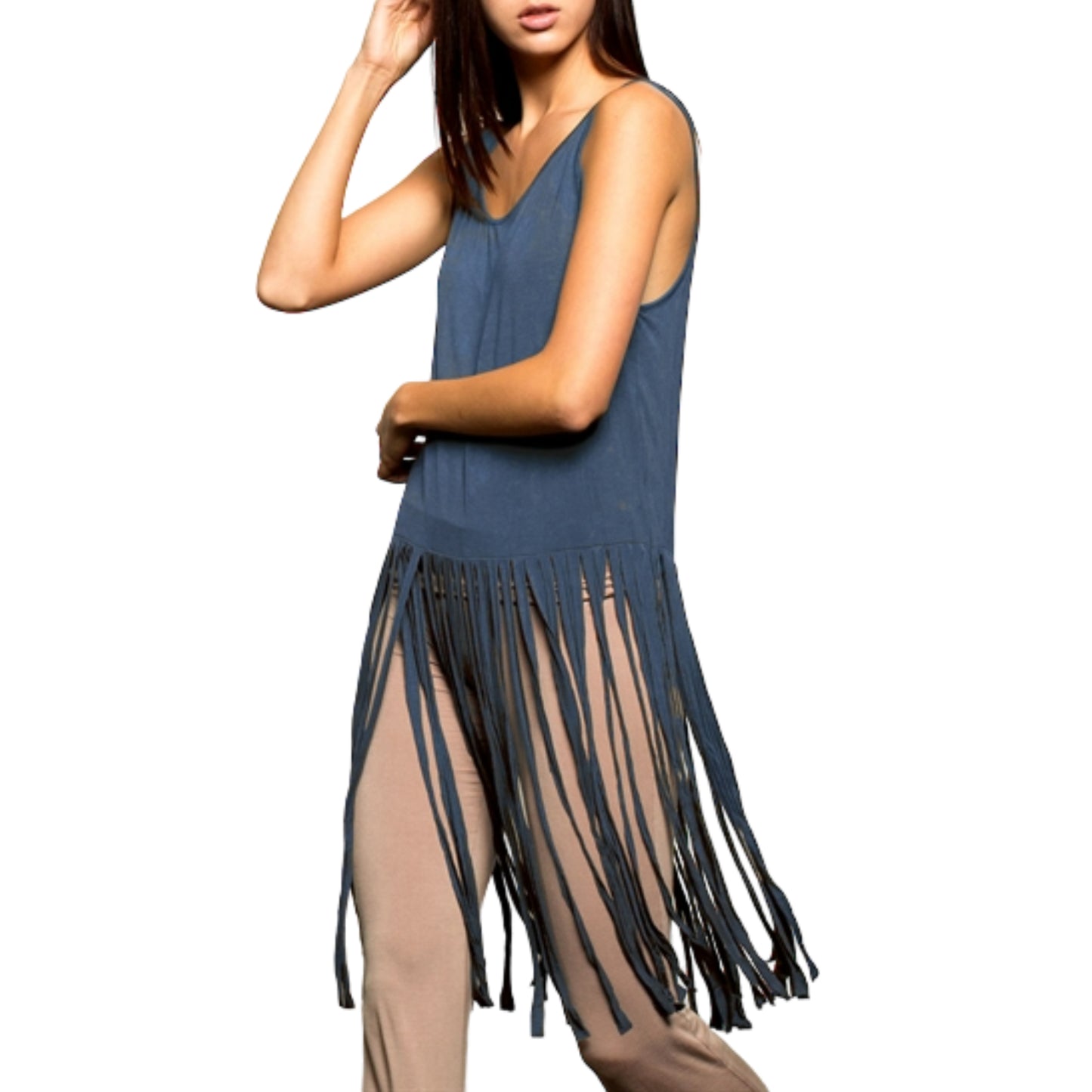 POL Boho Extended Fringe Tunic Tank Top.