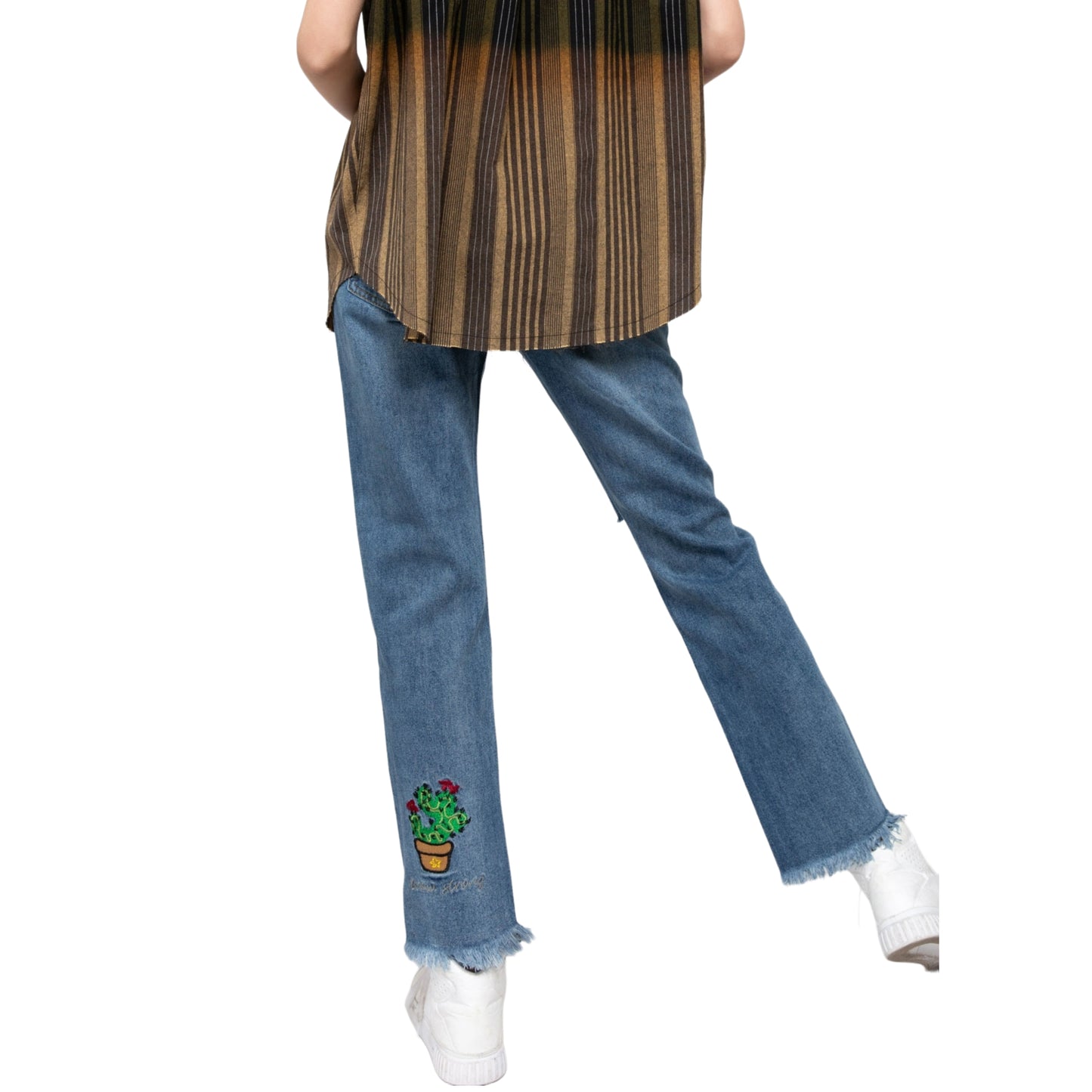 POL Distressed Raw Hem with Cactus Embroidery Denim Jeans