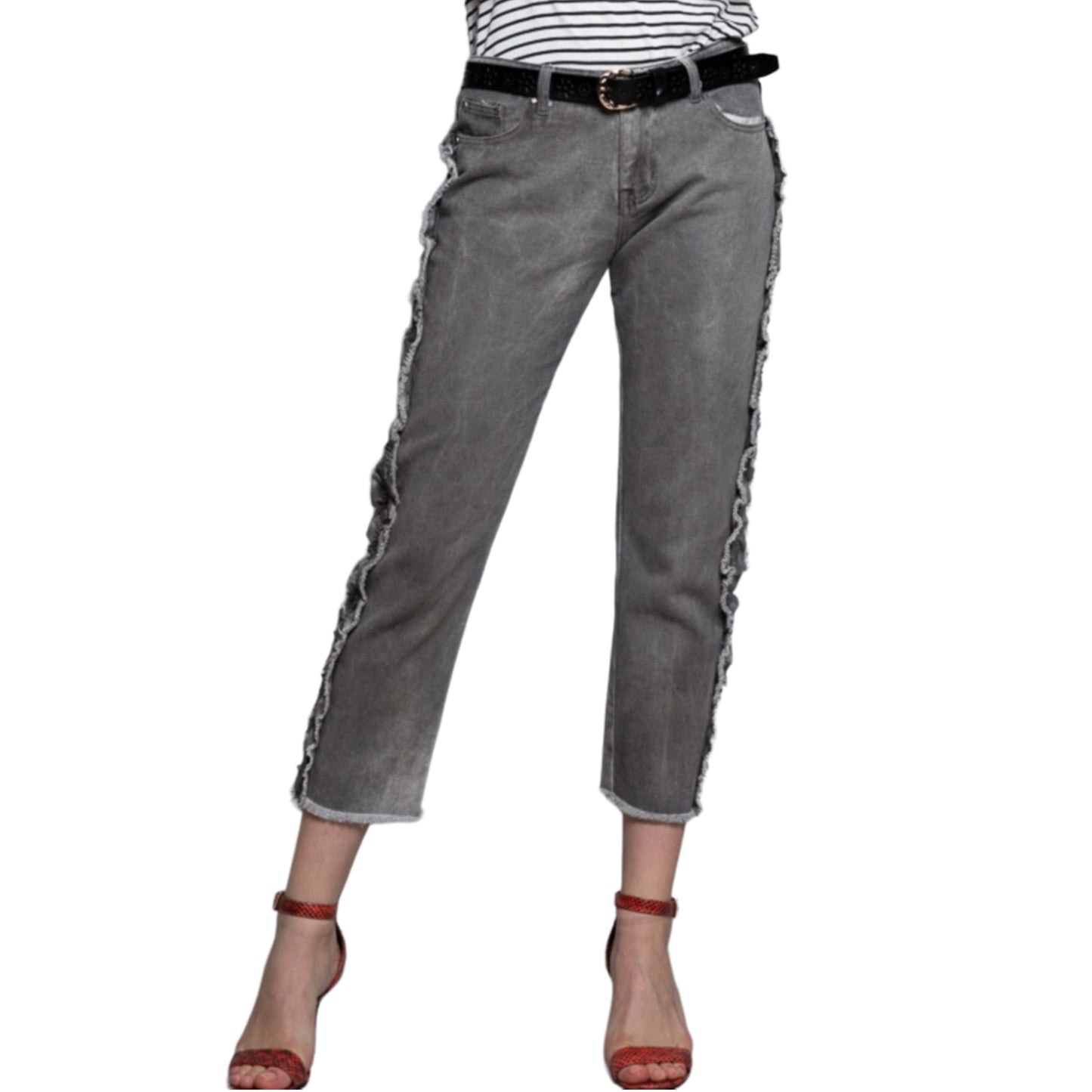 POL Ruffle side Mid Rise Cropped Gray Denim Jeans