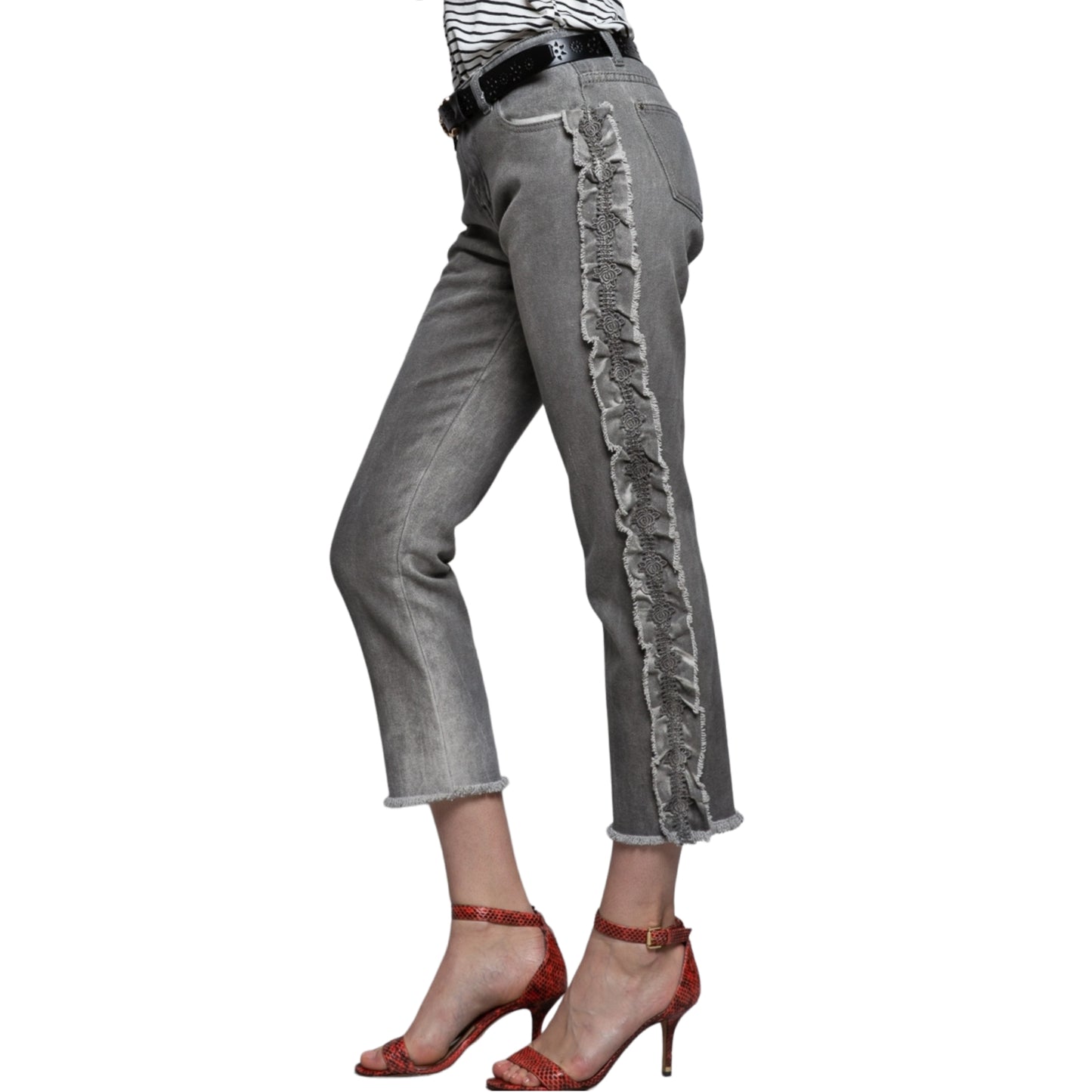 POL Ruffle side Mid Rise Cropped Gray Denim Jeans