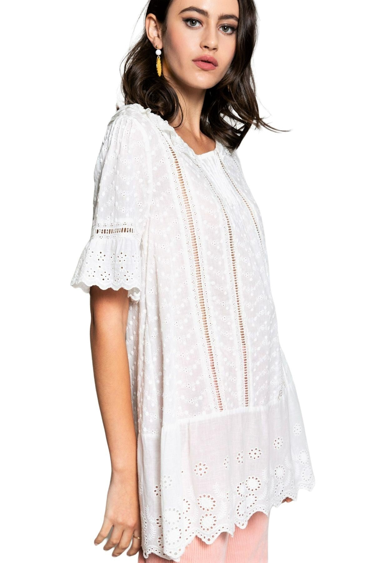 POL Women's Boho Eyelet Embroidered Lace Ruffle Trim Blouse Tunic Top