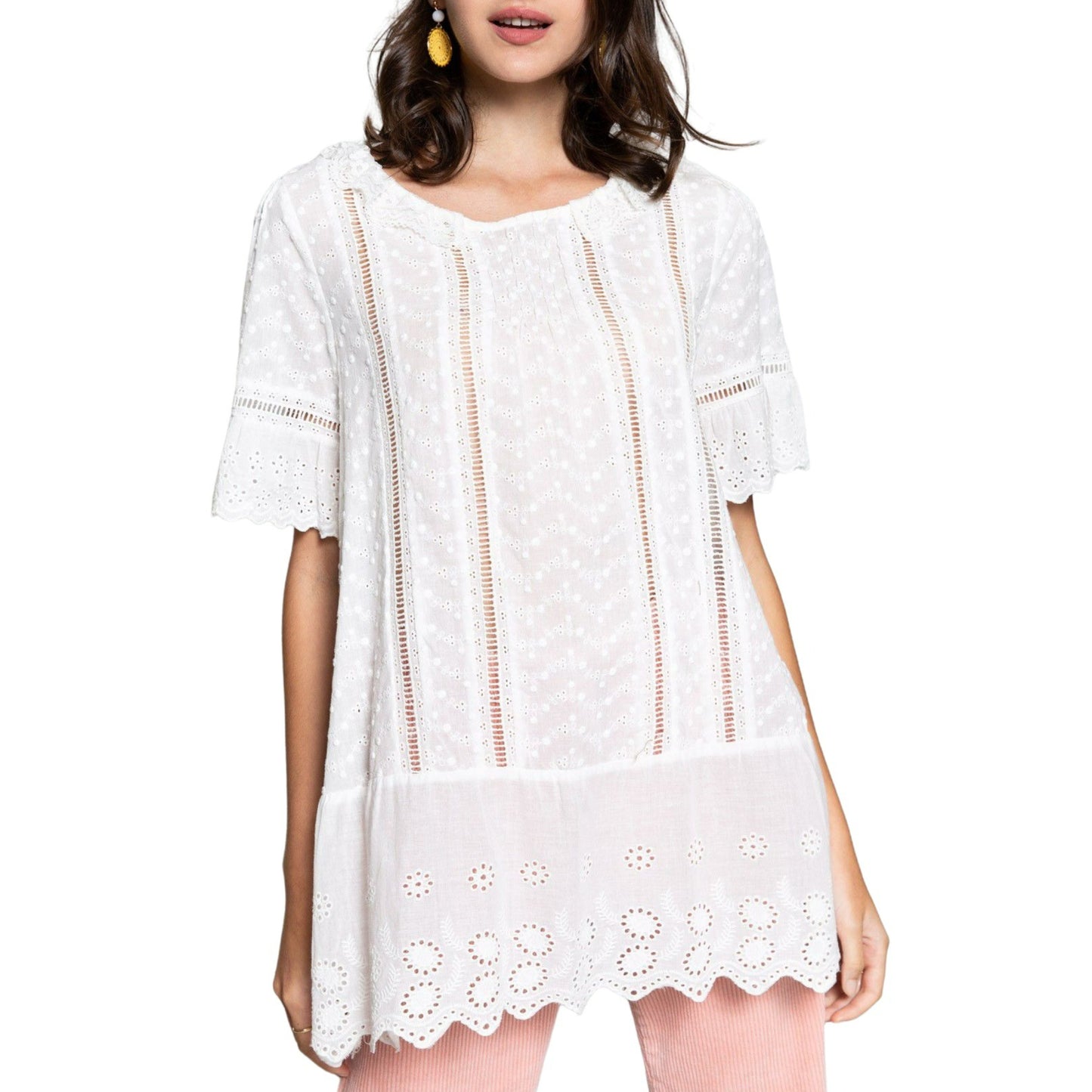 POL Women's Boho Eyelet Embroidered Lace Ruffle Trim Blouse Tunic Top