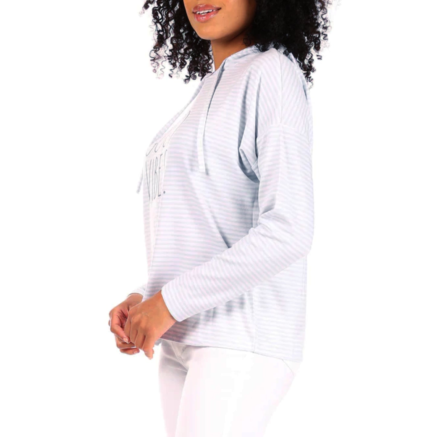 Rae Dunn Women's Ultra Soft Good Vibes Graphic Print Striped Sweatshirt Top Hoodie