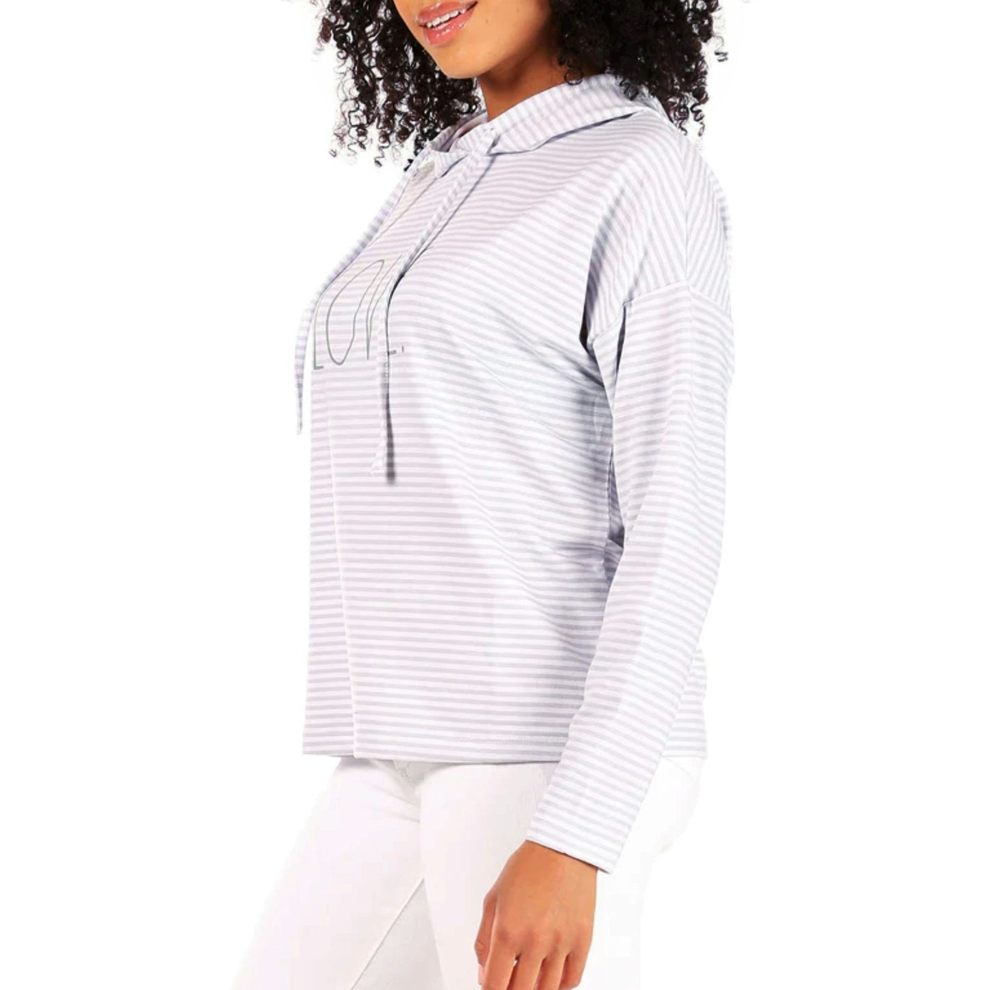 Rae Dunn Women's Ultra Soft Love Graphic Print Striped Sweatshirt Top Hoodie
