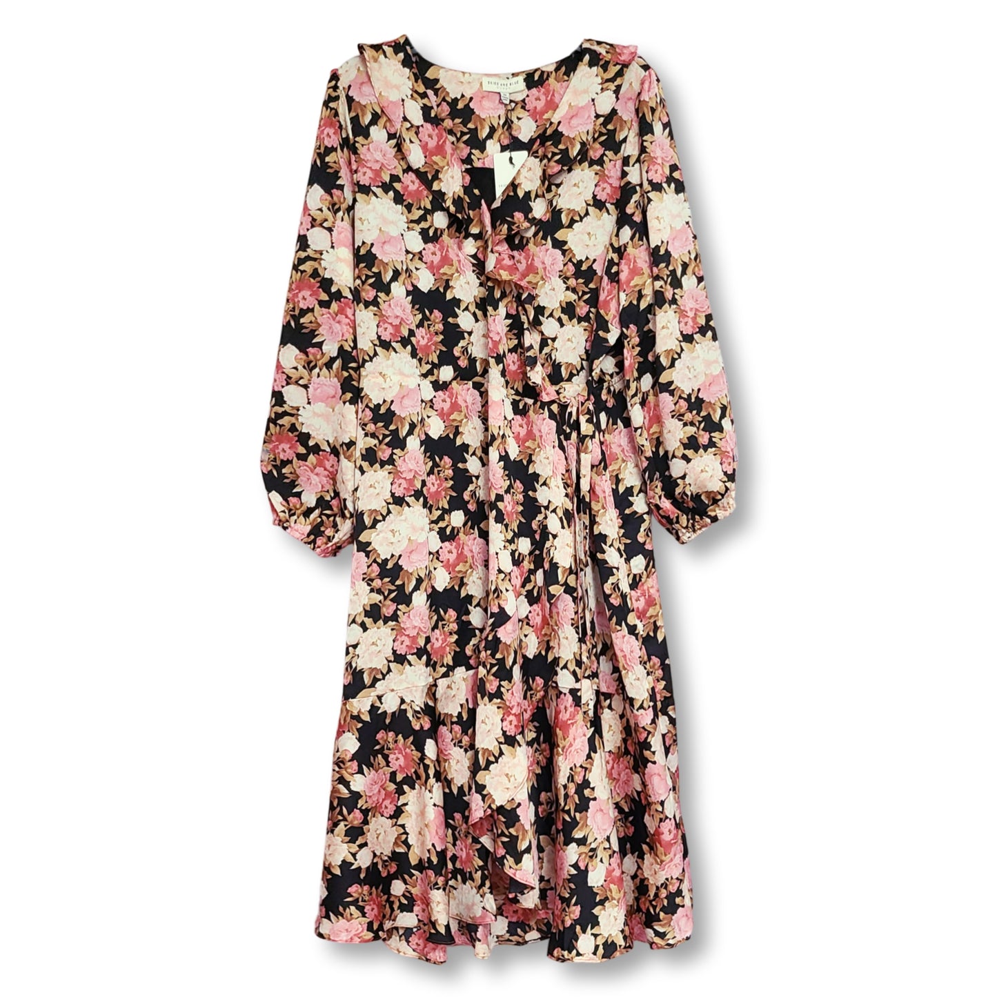 Skies are Blue Plus Rose Print Ruffle Trim Floral Wrap Midi Dress