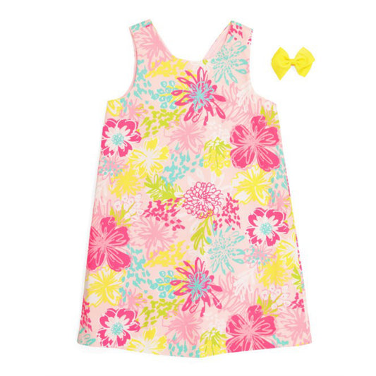 Tommy Bahama Girls Printed Cotton Shift Dress With Hair Clip